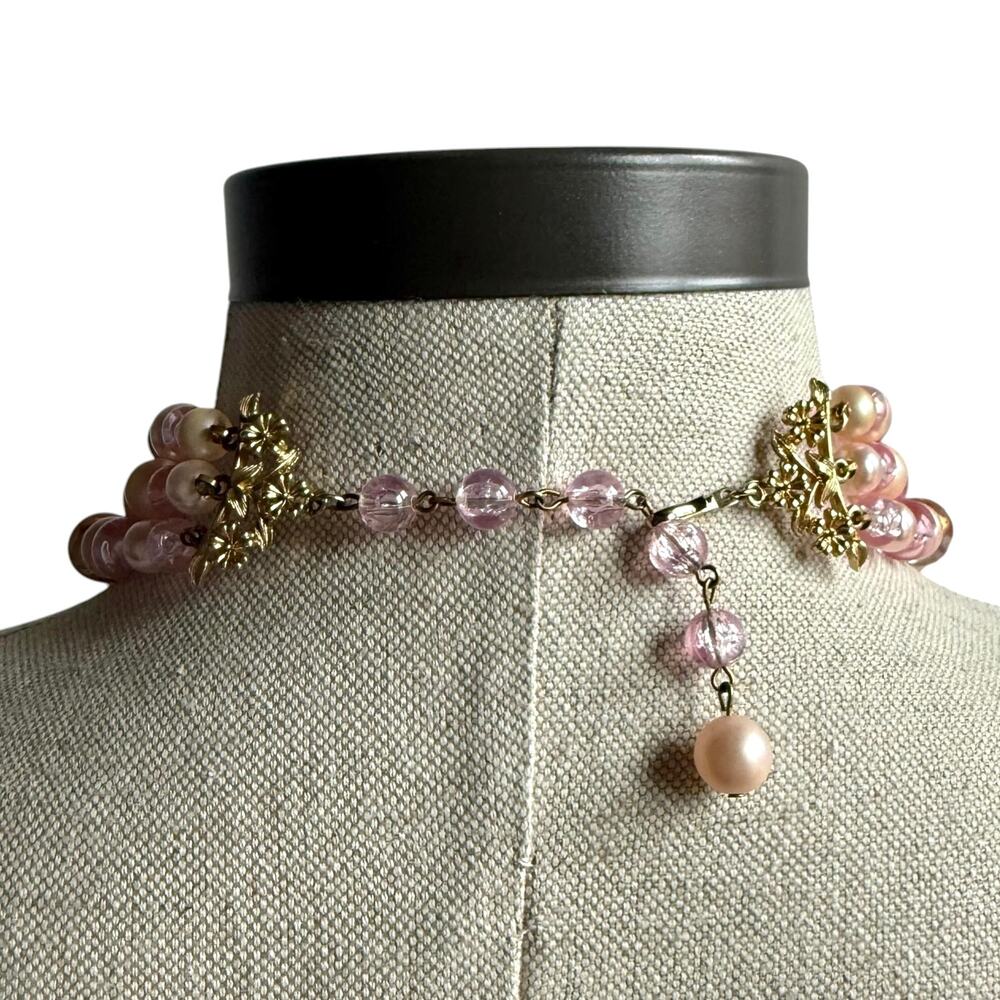 Vintage Coro Pink Faux Pearl Crackle Glass Multi Strand Collar Necklace - Picture 4 of 8
